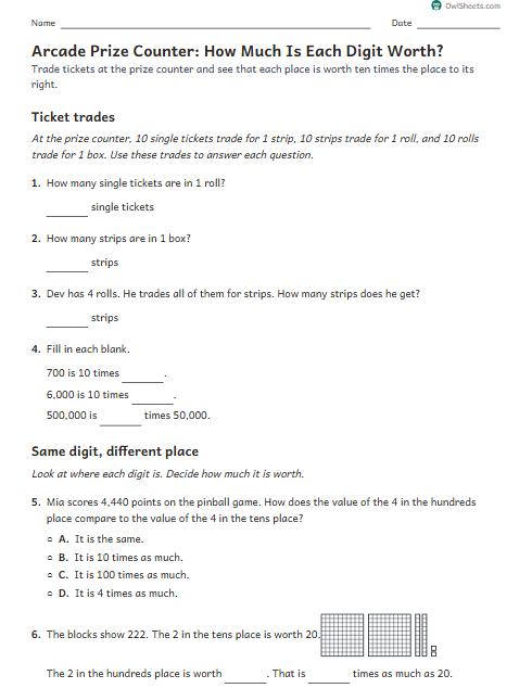 Arcade Prize Counter: How Much Is Each Digit Worth? worksheet preview