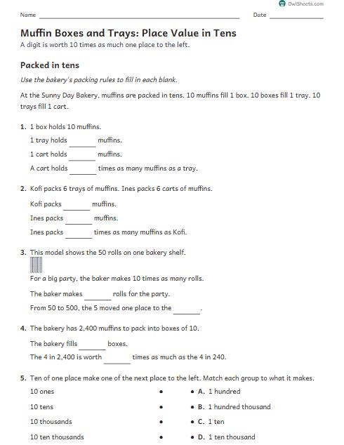 Muffin Boxes and Trays: Place Value in Tens worksheet preview