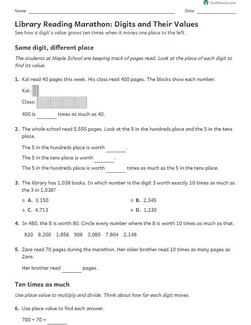 Library Reading Marathon: Digits and Their Values worksheet preview