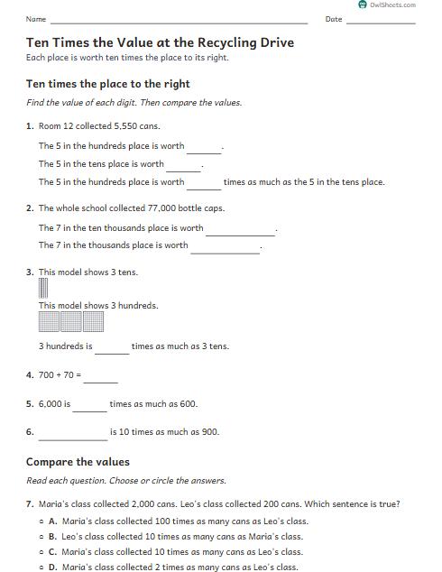 Ten Times the Value at the Recycling Drive worksheet preview