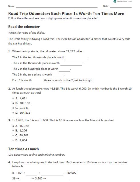 Road Trip Odometer: Each Place Is Worth Ten Times More worksheet preview