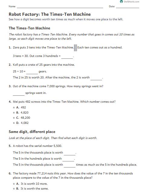 Robot Factory: The Times-Ten Machine worksheet preview