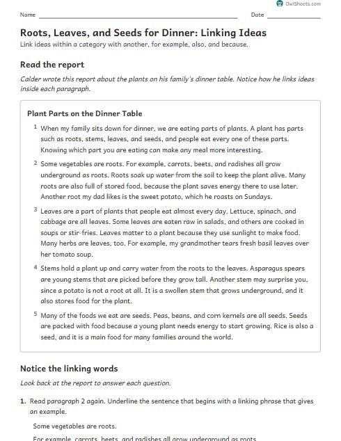 Roots, Leaves, and Seeds for Dinner: Linking Ideas worksheet preview