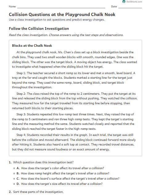 Collision Questions at the Playground Chalk Nook worksheet preview