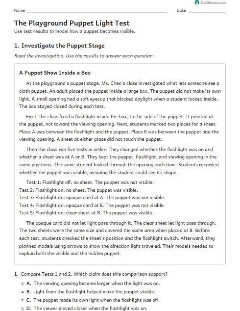 The Playground Puppet Light Test worksheet preview