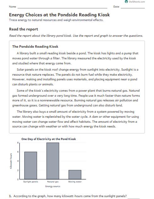 Energy Choices at the Pondside Reading Kiosk worksheet preview