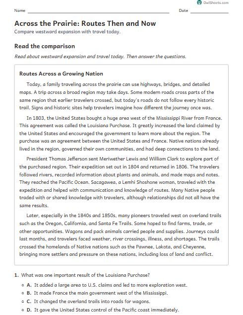 Across the Prairie: Routes Then and Now worksheet preview