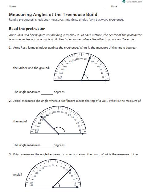 Measuring Angles at the Treehouse Build worksheet preview