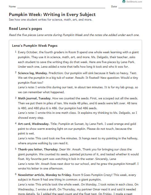 Pumpkin Week: Writing in Every Subject worksheet preview