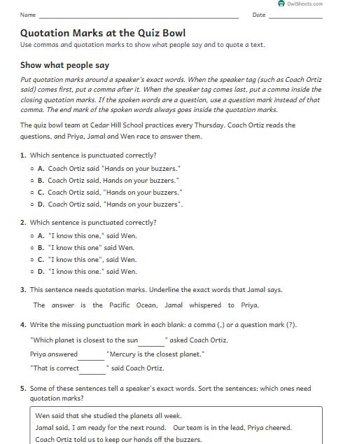 Quotation Marks at the Quiz Bowl worksheet preview