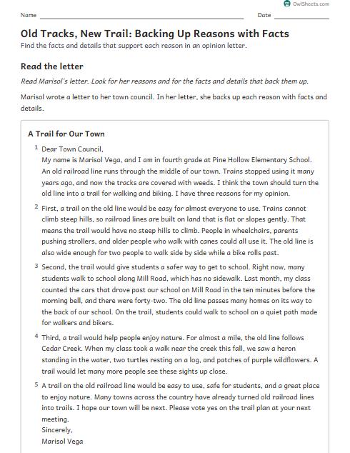 Old Tracks, New Trail: Backing Up Reasons with Facts worksheet preview