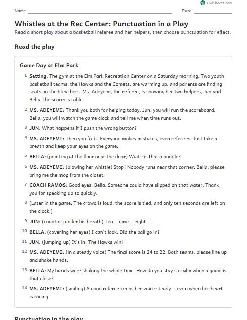 Whistles at the Rec Center: Punctuation in a Play worksheet preview