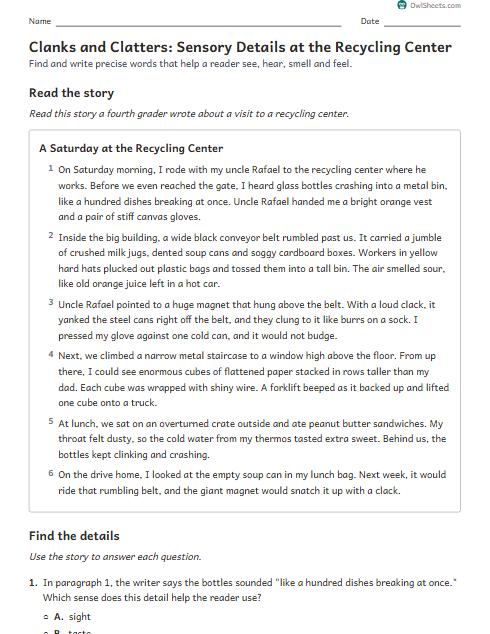 Clanks and Clatters: Sensory Details at the Recycling Center worksheet preview