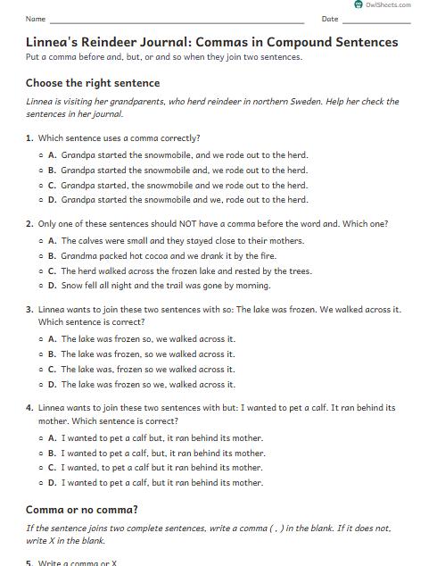 Linnea's Reindeer Journal: Commas in Compound Sentences worksheet preview