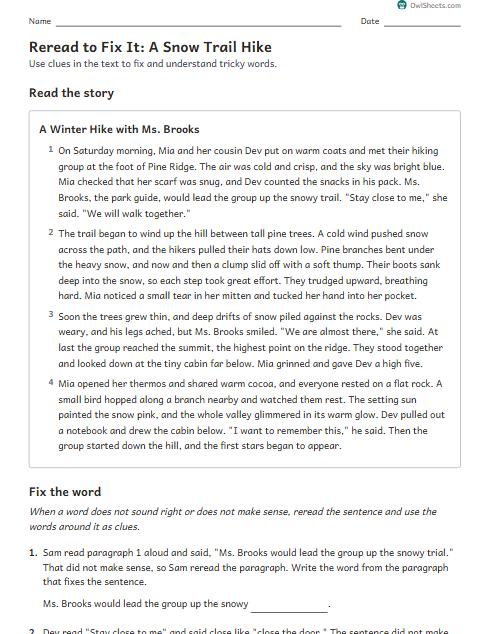 Reread to Fix It: A Snow Trail Hike worksheet preview