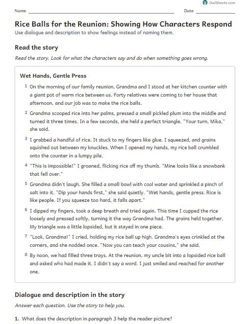 Rice Balls for the Reunion: Showing How Characters Respond worksheet preview