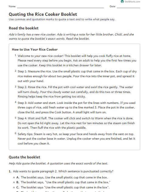 Quoting the Rice Cooker Booklet worksheet preview