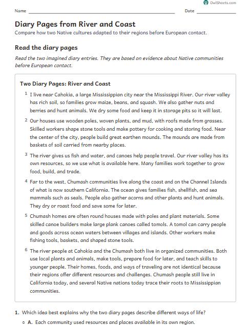 Diary Pages from River and Coast worksheet preview