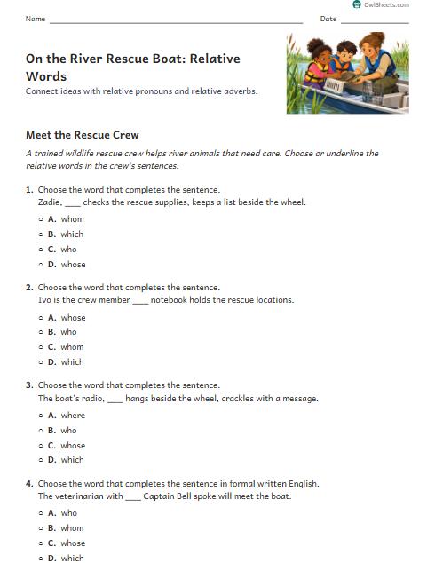 On the River Rescue Boat: Relative Words worksheet preview
