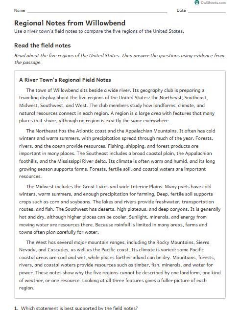 Regional Notes from Willowbend worksheet preview