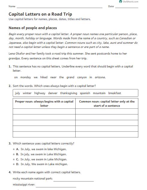 Capital Letters on a Road Trip worksheet preview
