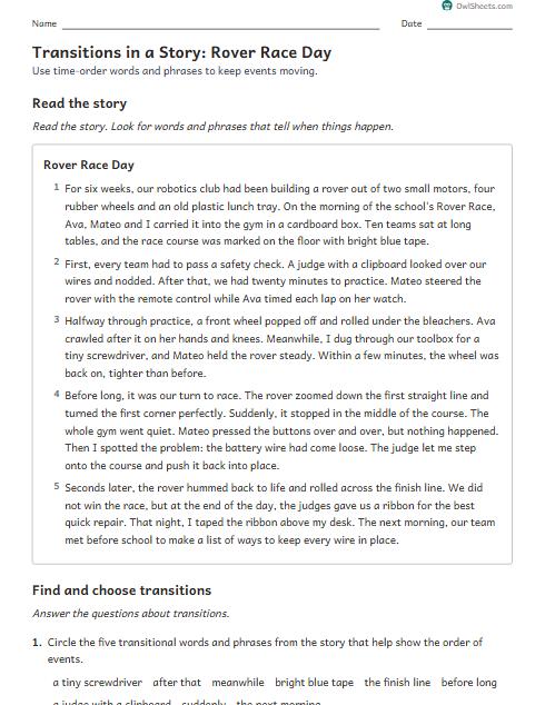 Transitions in a Story: Rover Race Day worksheet preview