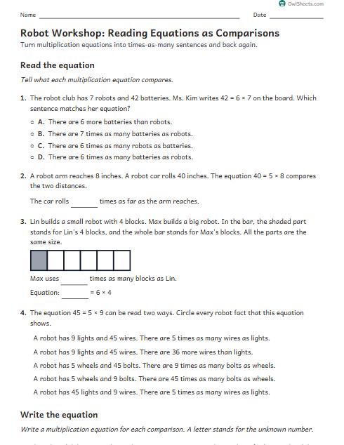 Robot Workshop: Reading Equations as Comparisons worksheet preview