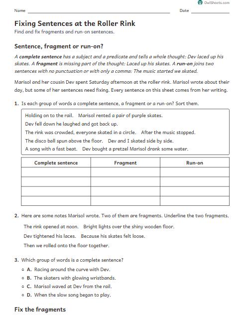 Fixing Sentences at the Roller Rink worksheet preview