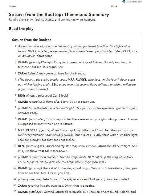 Saturn from the Rooftop: Theme and Summary worksheet preview
