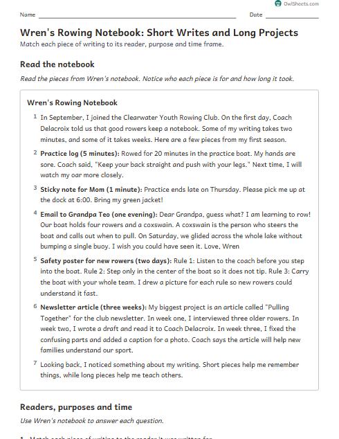 Wren's Rowing Notebook: Short Writes and Long Projects worksheet preview