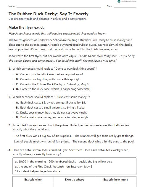 The Rubber Duck Derby: Say It Exactly worksheet preview