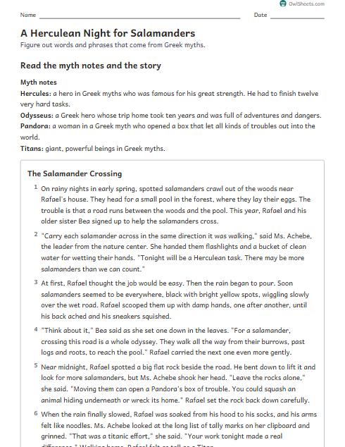 A Herculean Night for Salamanders worksheet preview
