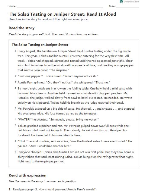 The Salsa Tasting on Juniper Street: Read It Aloud worksheet preview