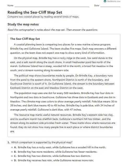 Reading the Sea-Cliff Map Set worksheet preview