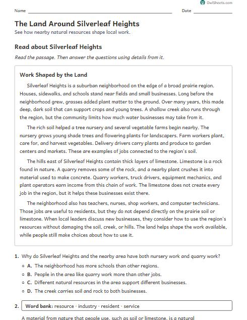 The Land Around Silverleaf Heights worksheet preview