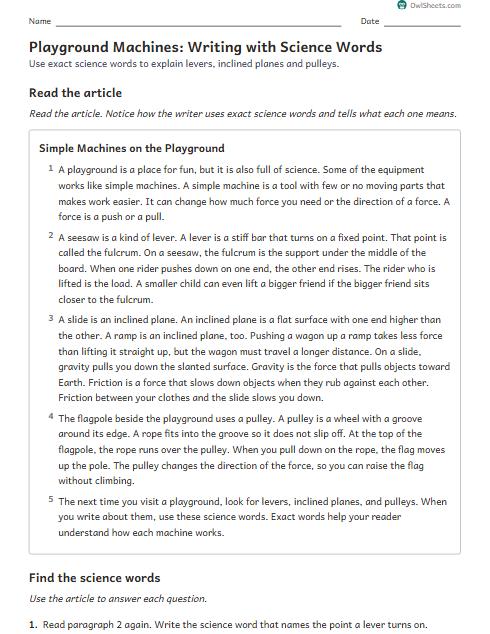 Playground Machines: Writing with Science Words worksheet preview