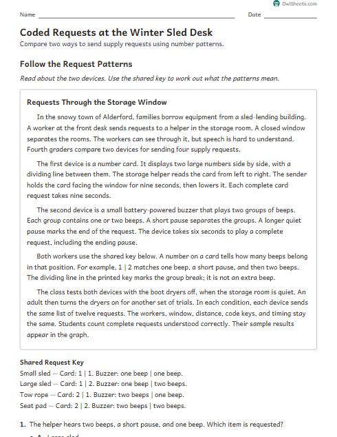 Coded Requests at the Winter Sled Desk worksheet preview