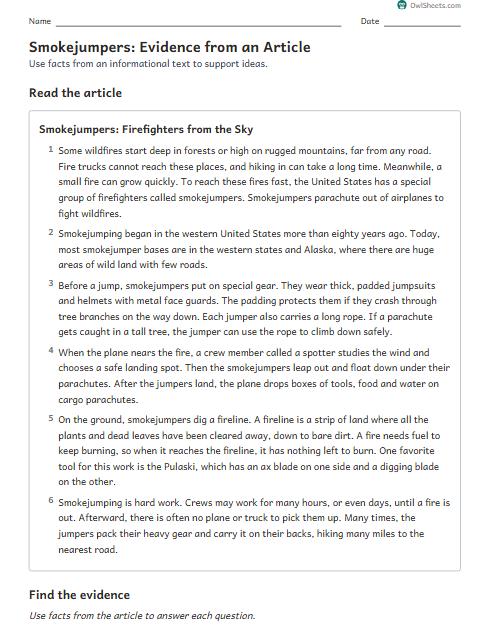 Smokejumpers: Evidence from an Article worksheet preview