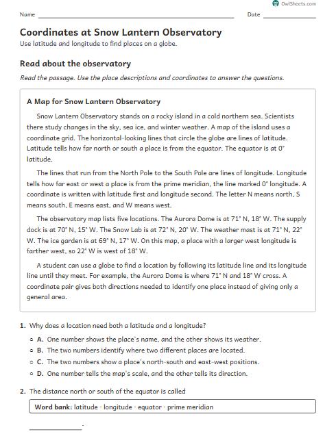 Coordinates at Snow Lantern Observatory worksheet preview