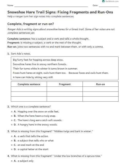 Snowshoe Hare Trail Signs: Fixing Fragments and Run-Ons worksheet preview