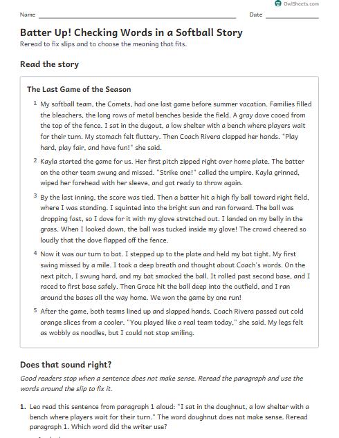 Batter Up! Checking Words in a Softball Story worksheet preview