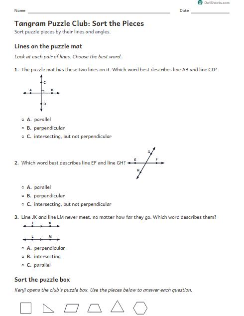 Tangram Puzzle Club: Sort the Pieces worksheet preview