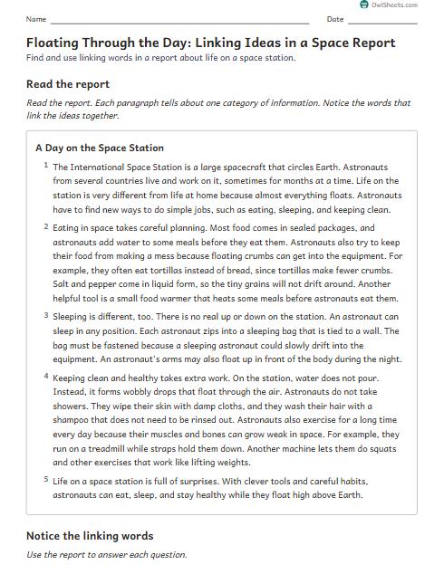 Floating Through the Day: Linking Ideas in a Space Report worksheet preview