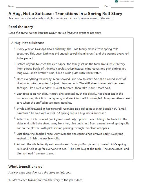 A Hug, Not a Suitcase: Transitions in a Spring Roll Story worksheet preview