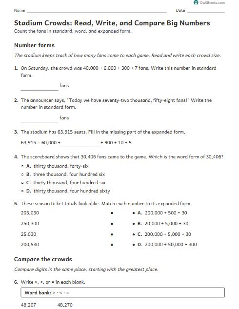 Stadium Crowds: Read, Write, and Compare Big Numbers worksheet preview