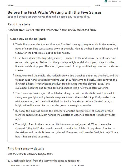 Before the First Pitch: Writing with the Five Senses worksheet preview