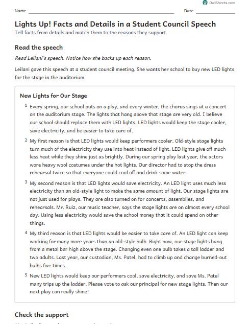 Lights Up! Facts and Details in a Student Council Speech worksheet preview
