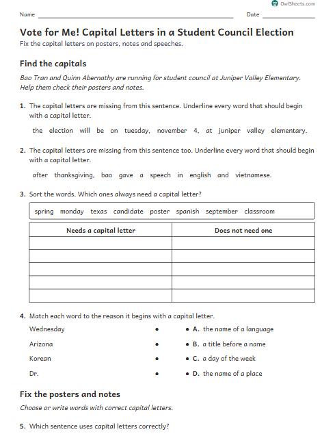 Vote for Me! Capital Letters in a Student Council Election worksheet preview