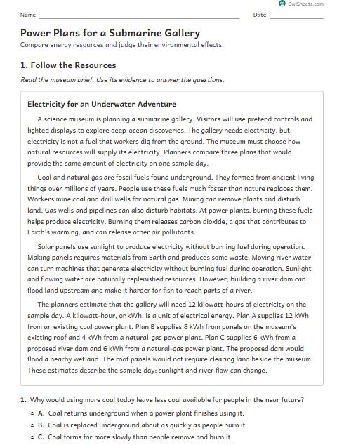 Power Plans for a Submarine Gallery worksheet preview