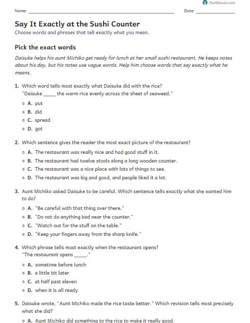 Say It Exactly at the Sushi Counter worksheet preview